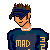 Pixel art contact sheet showing three frames of an animated buddy icon with a character in a blue 'MAD' shirt and beige pants, plus text reading 'Single *N* Lookin' on a gradient background.