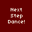 Four identical pixelated text displays with 'Next Step Dance!' in white on dark red background, each overlaid by a pink rectangular bar covering different lines of text.