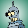 Pixelated cartoon robot with light blue body, yellow grid-patterned chest, and large yellow eyes, set against a gradient teal background.