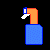 Pixelated orange and blue character with white hand, transitioning from static to animated spray effect above head.