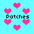 Pixelated cyan background with scattered pink heart shapes and repeated black text "Patches" in a blocky font.