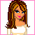 Pixelated female character with long brown hair, blue eyes, and pink lips in a of four showing different poses and clothing combinations