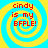 Four identical display red text 'cindy is my BFFLE!' over a yellow and cyan spiral background with no visible animation changes