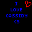 A pixelated image with blue text and symbols on a black background, showing two side-by-side versions of the phrase "I LOVE CASSIDY <3" where one version includes a red heart symbol.