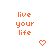Pixelated orange text 'live your life' appears twice on white background with two pixel hearts below.
