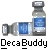 Pixelated image of three glass bottles with blue labels and gray caps, positioned horizontally on a light gray background beneath bold black text reading "DecaBuddy."