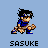 Pixel art contact sheet of seven Sasuke character frames from Naruto, each labeled "SASUKE" with varying poses and one frame showing a motion blur effect on hair.