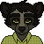 Pixelated character with dark brown fur, yellow eyes, and a light green checkered shirt against gray background.
