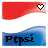 Two side-by-side animated frames of a pixelated buddy icon featuring the Indonesian flag colors with a blue wave and text, showing heart symbol and text color changes between frames.