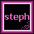 Two side-by-side animated frames of a pixel art buddy icon with pink text and heart symbols on black backgrounds, each framed by layered purple borders.