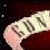 Animated contact sheet showing three frames of a pink and white striped cartoon character with black text on its body against a dark red background.