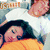 Animated sequence showing a person in white shirt lying on orange pillow, then smiling against red background, and finally looking down with curly hair.