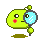 Green pixelated character with red cheeks holds a magnifying glass, showing sequential expression changes from neutral to smiling while holding the lens.