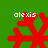Red pixelated snowflake shapes on green background with white text 'alexis' above each, four distinct snowflake designs in