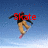 A person in mid-air performing a trick on a pink snowboard against a blue sky background, with red text labels changing across frames.
