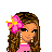 A static contact sheet of a pixel art animation featuring a cartoon girl character with brown curly hair, pink flower accessory, and pink crop top, alongside text fragments on black background.