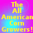 Yellow pixelated text reads "The All American Corn Growers!" on a pink-to-blue gradient background with visible pixelation.