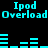 Cyan pixelated text and bar graphs on black background with repeated 'Ipod' and 'Overload' phrases.