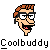 Pixel art cartoon head of a character with orange hair, black glasses, and an open mouth showing teeth and tongue on gray background with "Coolbuddy" text below.