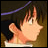 Pixelated anime-style character with brown hair and light skin, hand raised near face, against dark background with purple line, next to stylized text.