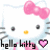 A 2x2 contact sheet of Hello Kitty animated frames showing different outfits and poses with text overlays.