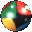 A spherical object with red, green, yellow, and blue segments rotates through multiple positions against a gray background.