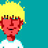 Pixel art avatar with yellow hair and red face in white shirt against teal background, showing multiple facial expressions across repeated