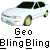 Pixelated white sedan with dark roof and yellow headlights on gray background, below text reading "Geo Bling Bling" in blocky font.