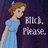 Pixelated image of a woman in a light blue dress with brown hair and a small blue accessory, standing beside text reading "Click. Please." on dark background.
