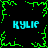 Pixelated green border with four cyan 'KYLIE' text instances on black background, animated green starburst at center.