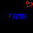 Red pixelated heart symbol above two blue 'FAITH' text blocks on black background.