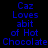 Blue pixelated text on black background reads "Caz Loves abit of Hot Chocolate" with white highlight boxes moving across each word sequentially.