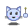 Pixelated light blue cat face with pink cheeks, black eyes, and a small smile; attached to a rainbow-colored arc that changes position across frames.