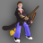 Pixelated character in dark robe and blue pants holds brown broom, yellow bag at hip, red tie visible; gray background with motion blur on limbs.
