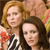Two women with distinct hair colors stand close together, one holding a red object against a blurred background with warm tones.