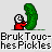 Pixel art of a red-shirted figure holding a large green pickle, with text below reading "Bruk Touches Pickles" in blocky font.