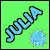 Pixelated blue text 'JULIA' on green background with a pixelated circular pattern, showing animation changes across frames.