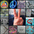 A grid of pixelated icons with a central pink hand making a peace sign, surrounded by abstract and symbolic designs in various colors.
