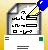 Pixelated form icon with document, pen, and green button on yellow background.