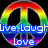 Rainbow-colored peace sign icon with blue text reading "Live, Laugh Love" on the left side.
