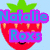Pixelated fruit-themed icons with text overlays: a strawberry, watermelon, and pink flower on separate backgrounds.