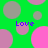 Green background with pink and gray circles; four instances of purple 'Love' text scattered across the image.