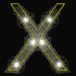 Animated X-shaped icon with yellow outline and white lights on black background, showing sequential light activation across four positions.