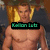 A shirtless muscular man with light brown skin and short brown hair stands against a blurred background with yellow and dark blue tones. Two green text overlays appear sequentially over his chest.