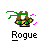 Pixel art animation of a character labeled Rogue with green headband, brown hair, yellow and green outfit, pink sparkles, and white dots across three frames.