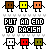 Pixel art of small character icons with changing text and heart symbols above them, displaying variations in color and animation
