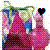 Pixelated figure in pink dress holds black heart-shaped object with blue and yellow accents against colorful background.