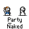 Animated contact sheet of 14 pixel art frames showing a character with brown hair and blue shirt in various poses, each labeled "Party Naked" below the icon.