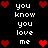 Pixelated black background with red heart symbols and white text reading "you know you love me" arranged in a pattern