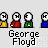 Pixel art animation of a character with white hair and blue clothing interacting with smaller figures in red, green, yellow, and white against gray background.